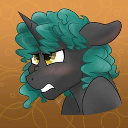 Size: 1280x1280 | Tagged: safe, artist:cadetredshirt, oc, oc only, oc:whirlytail, pony, unicorn, alternate hairstyle, blushing, blushing profusely, bust, curly hair, curly mane, digital art, ear blush, flustered, furrowed brow, gradient background, gray coat, gritted teeth, head, highlights, horn, hunched over, icon, male, nose wrinkle, orange background, scrunchy face, shading, simple background, solo, stallion, teal mane, tsundere, yellow eyes