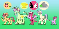 Size: 1280x640 | Tagged: safe, artist:vennyriz22, oc, oc only, oc:alexandrite magnum belle, oc:anomaly anjou jack, oc:bartlett brulee belle, oc:pitaya marie harvest, oc:ruby fire phantasm, dracony, earth pony, hybrid, pony, unicorn, gradient background, interspecies offspring, magical lesbian spawn, offspring, parent:applejack, parent:rarity, parent:spike, parents:applespike, parents:rarijack, parents:sparity, siblings