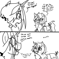 Size: 899x899 | Tagged: safe, artist:pony quarantine, oc, oc only, oc:dyx, oc:dyxzala, hybrid, zony, /mlp/'s best mom, bad parenting, bag, black and white, black eye, cigarette, comic, dialogue, duo, grayscale, implied autism, lineart, magical lesbian spawn, mocking, monochrome, offspring, older, older dyx, parent:oc:dyx, parent:oc:zala, parents:oc x oc, saddle bag, sharp teeth, simple background, teary eyes, teeth, white background