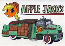 Size: 946x670 | Tagged: safe, artist:sketchywolf-13, applejack, g4, 2012, bust, grin, portrait, smiling, traditional art, truck