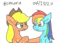 Size: 893x645 | Tagged: safe, artist:cmara, applejack, rainbow dash, earth pony, pegasus, pony, g4, applejack's hat, bust, cowboy hat, duo, female, hat, looking at each other, mare, traditional art