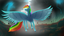 Size: 3840x2160 | Tagged: safe, artist:flaxen's art corner, rainbow dash, pegasus, pony, g4, female, flying, high res, lightning, mare, solo, thunderstorm, wings