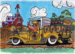 Size: 1154x824 | Tagged: safe, artist:sketchywolf-13, applejack, earth pony, pony, g4, 2012, crate, female, ford, ford model t, hot rod, smiling, solo, sweet apple acres, traditional art, truck, waving