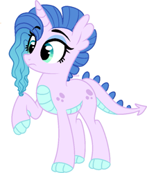 Size: 723x853 | Tagged: safe, artist:saphi-boo, oc, oc only, oc:blue belle, dracony, hybrid, pony, unicorn, base used, claw hooves, dragon tail, ear fins, female, interspecies offspring, mare, offspring, parent:rarity, parent:spike, parents:sparity, raised hoof, scales, simple background, white background