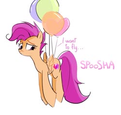 Size: 807x767 | Tagged: safe, artist:spoosha, scootaloo, pegasus, pony, g4, balloon, dialogue, english, female, floating, flying, older, older scootaloo, sad, scootaloo can't fly, scootasad, simple background, solo, three quarter view, white background