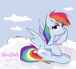Size: 807x726 | Tagged: safe, artist:spoosha, rainbow dash, pegasus, pony, g4, bored, cloud, female, hoof on cheek, lidded eyes, looking at you, mare, messy mane, on a cloud, sitting, sky, solo, spread wings, wings