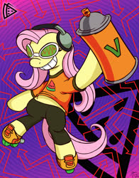 Size: 2166x2768 | Tagged: safe, artist:sedrice, fluttershy, pegasus, pony, semi-anthro, g4, abstract background, arm hooves, clothes, crossover, dexterous hooves, female, grin, headphones, high res, hoof hold, jet grind radio, jet set radio, jet set radio future, mare, pants, rollerblades, shirt, smiling, solo, spray can, spray paint, sunglasses, t-shirt