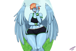 Size: 3000x2000 | Tagged: safe, artist:wolfmask, windy whistles, pegasus, anthro, g4, blushing, breasts, busty windy whistles, clothes, female, high res, impossibly wide hips, milf, ring, shorts, solo, sports bra, sports shorts, sweat, thighs, thunder thighs, wedding ring, wide hips, wide load