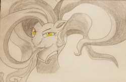 Size: 2048x1332 | Tagged: safe, artist:polar_storm, mane-iac, earth pony, pony, g4, crazy eyes, female, green eyes, mare, monochrome, partial color, red eyes, simple background, sketch, solo, traditional art, white background