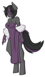 Size: 1207x2048 | Tagged: safe, artist:earthpone, oc, oc only, oc:mimicry, bug pony, insect, anthro, unguligrade anthro, anthro oc, breasts, cleavage, clothes, commission, evening gloves, eye clipping through hair, female, fluffy, gloves, grumpy, long gloves, mare, simple background, solo, transparent background