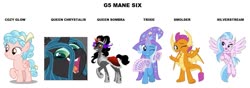 Size: 1301x457 | Tagged: safe, cozy glow, king sombra, queen chrysalis, silverstream, smolder, trixie, g4, g5, chrystalis, misspelling, queen umbra, rule 63, smeel, why