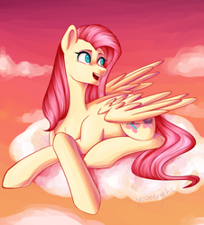 Size: 3700x4093 | Tagged: safe, artist:maeveadair, fluttershy, pegasus, pony, g4, cloud, female, looking away, lying down, mare, on a cloud, open mouth, outdoors, prone, solo, spread wings, sunset, turned head, wings