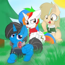 Size: 1000x1000 | Tagged: safe, artist:grithcourage, artist:poncutes, artist:rezatim, oc, oc only, oc:grith courage, oc:poncutes, oc:stripe shields, alicorn, earth pony, pony, adorable face, alicorn oc, clothes, cute, female, headphones, horn, jacket, looking at you, male, tail, tongue out, trace, trio, wings
