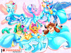 Size: 2000x1500 | Tagged: safe, artist:phoenixperegrine, gallus, ocellus, sandbar, silverstream, smolder, yona, changedling, changeling, dragon, earth pony, griffon, hippogriff, pony, yak, g4, blowing a kiss, blushing, clothes, crossdressing, cute, diaocelles, diastreamies, digital art, dragoness, dress, embarrassed, eyes closed, eyeshadow, female, gallabetes, girly, gritted teeth, happy, jewelry, lipstick, makeup, necklace, one eye closed, open mouth, open smile, patreon, patreon logo, princess smolder, puffy sleeves, sandabetes, smiling, smolderbetes, student six, tiara, underhoof, wink, yonadorable