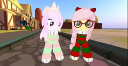 Size: 1988x1025 | Tagged: safe, alternate version, artist:melimoo2000, fluttershy, oc, oc:candy floss, alicorn, bat pony, bat pony alicorn, pegasus, pony, g4, 3d, alicorn oc, alternate hairstyle, alternate universe, bat pony oc, bat wings, big ears, big eyes, bow, clothes, crown, female, fluffy mane, folded wings, freckles, glasses, hair bow, horn, houses, jewelry, long hair, long mane, long tail, looking at you, mare, pastel, regalia, second life, standing, standing up, striped sweater, sweater, two toned mane, two toned tail, two toned wings, wings