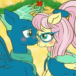 Size: 2000x2000 | Tagged: safe, alternate version, artist:mewinabubble, fluttershy, sky stinger, pegasus, pony, g4, alternate hairstyle, alternate universe, blushing, bow, christmas, clothes, ears, female, fluttersky, folded wings, glasses, hair bow, high res, holiday, long hair, long mane, looking at each other, male, mare and stallion, mistletoe, nuzzling, scarf, shawl, shipping, signature, simple background, smiling, spread wings, stallion, straight, two toned mane, wings, ych result