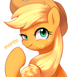 Size: 2800x2955 | Tagged: safe, artist:maren, applejack, earth pony, pony, g4, applejack's hat, cowboy hat, female, freckles, hat, high res, looking at you, mare, signature, simple background, smiling, solo, straw in mouth, we can do it!, wheat, white background
