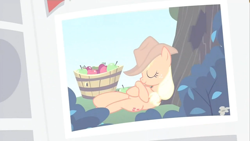 Size: 1152x648 | Tagged: safe, screencap, applejack, earth pony, pony, g4, ponyville confidential, applejack's hat, cowboy hat, crossed hooves, crossed legs, female, freckles, gabby gums, gossip, lazy, mare, newspaper, photo, ponytail, sleeping, solo, stetson