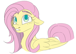 Size: 1678x1193 | Tagged: safe, artist:taaffeiite, derpibooru exclusive, fluttershy, pegasus, pony, g4, alternate hairstyle, blushing, bust, chest fluff, female, mare, simple background, solo, white background