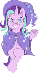 Size: 856x1632 | Tagged: safe, artist:taaffeiite, derpibooru exclusive, starlight glimmer, pony, unicorn, g4, accessory swap, cape, clothes, crossed legs, female, hat, looking at you, mare, redraw, simple background, smiling, smug, smuglight glimmer, solo, transparent background, trixie's cape, trixie's hat