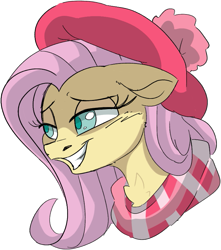 Size: 751x850 | Tagged: safe, artist:taaffeiite, derpibooru exclusive, fluttershy, pegasus, pony, g4, blushing, bust, clothes, female, hat, mare, scarf, simple background, smiling, solo, transparent background