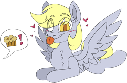 Size: 1362x888 | Tagged: safe, artist:taaffeiite, derpibooru exclusive, derpy hooves, pegasus, pony, g4, blushing, chest fluff, cute, derpabetes, eye clipping through hair, female, floating heart, heart, mare, missing cutie mark, mlem, muffin, pictogram, prone, silly, simple background, smiling, speech bubble, spread wings, that pony sure does love muffins, tongue out, transparent background, wings
