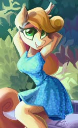 Size: 2148x3501 | Tagged: safe, artist:saxopi, carrot top, golden harvest, earth pony, anthro, g4, arm behind head, armpits, breasts, clothes, dress, female, high res, mare, solo, tree