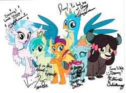 Size: 1280x947 | Tagged: safe, artist:cheezedoodle96, edit, gallus, ocellus, sandbar, silverstream, smolder, yona, changedling, changeling, classical hippogriff, dragon, earth pony, griffon, hippogriff, pony, yak, g4, autograph, bow, cloven hooves, colored hooves, cute, diaocelles, diastreamies, dragoness, female, gallabetes, hair bow, jewelry, male, monkey swings, necklace, sandabetes, signature, smolderbetes, student six, teenager, yonadorable