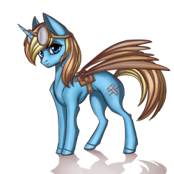 Size: 2596x2596 | Tagged: safe, artist:rensaio, oc, oc only, oc:skydreams, pony, unicorn, artificial wings, augmented, goggles, high res, mechanical wing, simple background, solo, transparent background, wings