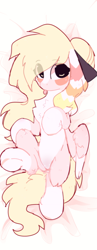 Size: 582x1500 | Tagged: dead source, safe, artist:php146, oc, oc only, oc:kitsume butterfly, pegasus, pony, blaze (coat marking), blushing, coat markings, facial markings, female, fluffy, lying down, mare, on back, pale belly, solo, tongue out, two toned wings, wings