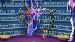 Size: 1920x1080 | Tagged: safe, screencap, twilight sparkle, alicorn, pony, dragon dropped, g4, book, bookshelf, crystal, female, flying, ladder, library, mare, solo, spread wings, startled, twilight sparkle (alicorn), twilight's castle, twilight's castle library, wings