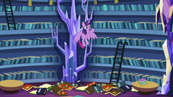 Size: 1920x1080 | Tagged: safe, screencap, twilight sparkle, alicorn, pony, dragon dropped, g4, book, bookshelf, crystal, female, flying, ladder, library, mare, solo, twilight sparkle (alicorn), twilight's castle, twilight's castle library
