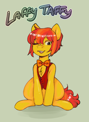 Size: 1203x1647 | Tagged: safe, artist:poofindi, oc, oc only, oc:laffy taffy, earth pony, pony, bowtie, clothes, female, mare, one eye closed, sitting, smiling, solo, text