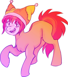 Size: 1413x1616 | Tagged: safe, artist:poofindi, oc, oc only, oc:laffy taffy, earth pony, pony, clothes, clown makeup, female, hat, looking at you, makeup, mare, raised hoof, simple background, smiling, solo, transparent background
