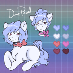 Size: 2000x2000 | Tagged: safe, artist:poofindi, oc, oc only, oc:dove pond, earth pony, pony, choker, collar, color palette, female, heart, high res, mare, reference sheet, ribbon, solo, text