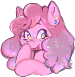 Size: 583x600 | Tagged: safe, artist:poofindi, oc, oc only, oc:confetti storm, pegasus, pony, bust, confetti, ear piercing, female, freckles, gradient eyes, mare, piercing, simple background, solo, tongue out, transparent background