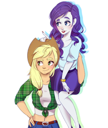 Size: 1600x1900 | Tagged: safe, artist:silbersternenlicht, applejack, rarity, equestria girls, g4, carrying, commissioner:beanzoboy, cowboy hat, digital art, female, hat, lesbian, lipstick, ship:rarijack, shipping, simple background, smiling, stetson, strong