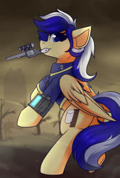 Size: 1250x1850 | Tagged: safe, artist:shadowreindeer, oc, oc only, oc:animatedpony, pegasus, pony, fallout equestria, clothes, female, gun, handgun, jumpsuit, mare, mouth hold, pegasus oc, pipbuck, rearing, revolver, solo, two toned mane, vault suit, wasteland, weapon, wings