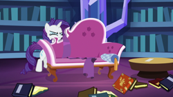 Size: 1920x1080 | Tagged: safe, screencap, rarity, pony, unicorn, dragon dropped, g4, book, bookshelf, couch, eyes closed, fainting couch, female, library, mare, messy mane, solo, twilight's castle, twilight's castle library