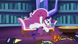 Size: 1920x1080 | Tagged: safe, screencap, rarity, pony, unicorn, dragon dropped, g4, book, bookshelf, couch, fainting couch, female, library, mare, marshmelodrama, messy mane, on back, rarity being rarity, solo, twilight's castle, twilight's castle library