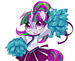 Size: 1226x1000 | Tagged: safe, artist:loyaldis, oc, oc only, oc:zippi, pony, unicorn, blushing, cheerleader, cheerleader outfit, clothes, cute, duo, female, filly, open mouth, pleated skirt, pom pom, simple background, skirt, smiling, starry eyes, streamers, transparent background, wingding eyes, ych result