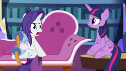 Size: 1920x1080 | Tagged: safe, screencap, rarity, twilight sparkle, alicorn, pony, unicorn, dragon dropped, g4, bookshelf, couch, duo, fainting couch, female, library, mare, messy mane, sitting, throw pillow, twilight sparkle (alicorn), twilight's castle, twilight's castle library