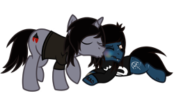 Size: 1920x1080 | Tagged: safe, artist:toyminator900, pony, undead, unicorn, zombie, zombie pony, bring me the horizon, colored blushing, eyes closed, fangs, gay, horn, kellin quinn, kissing, lip piercing, male, oliver sykes, piercing, ponified, prone, shipping, simple background, sleeping with sirens, stallion, transparent background, wavy mouth