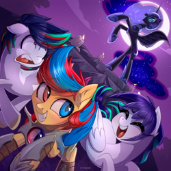 Size: 1280x1280 | Tagged: dead source, safe, artist:sartf, nightmare moon, oc, oc:lucy vectors, oc:starflame blood, pegasus, pony, g4, candle, heterochromia, laughing, moon, night, nightmare night, pegasus oc, scared, smiling, spread wings, wings