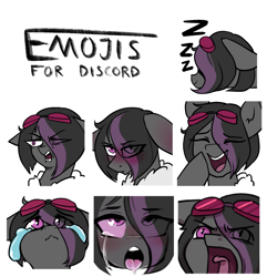 Size: 1666x1725 | Tagged: safe, artist:earthpone, oc, oc only, oc:mimicry, pony, ahegao, angry, commission, crying, emoji, emotes, expressions, eye clipping through hair, eyes rolling back, female, mare, noblewoman's laugh, onomatopoeia, open mouth, simple background, solo, sound effects, tongue out, white background, zzz