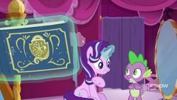 Size: 1280x720 | Tagged: safe, screencap, spike, starlight glimmer, dragon, pony, unicorn, a-dressing memories, g4, my little pony: friendship is forever, 9now, book, female, levitation, magic, male, mare, nine network, sitting, telekinesis