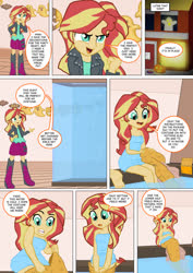 Size: 800x1133 | Tagged: safe, artist:imbriaart, sunset shimmer, siren, comic:becoming a siren, equestria girls, g4, bodysuit, candy, clothes, comic, costume, female, fish tank, food, halloween, holiday, jack-o-lantern, open mouth, pumpkin, smiling, solo, towel