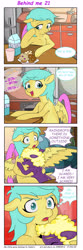 Size: 2609x7897 | Tagged: safe, artist:jeremy3, sunshower raindrops, oc, oc:valentine, earth pony, pegasus, pony, comic:behind me, g4, alternate universe, comic, cup, food, milk, muffin, plate, refrigerator, sink, table