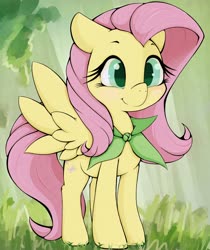 Size: 1720x2048 | Tagged: safe, artist:zokkili, fluttershy, pegasus, pony, g4, blushing, collar, cute, female, grass, mare, shyabetes, smiling, solo, spread wings, wings