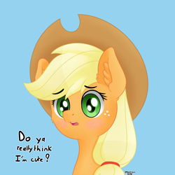 Size: 2000x2000 | Tagged: safe, artist:yelowcrom, applejack, earth pony, pony, g4, blushing, bust, cheek fluff, cute, ear fluff, female, hat, high res, jackabetes, looking at you, mare, portrait, simple background, solo, talking to viewer, text